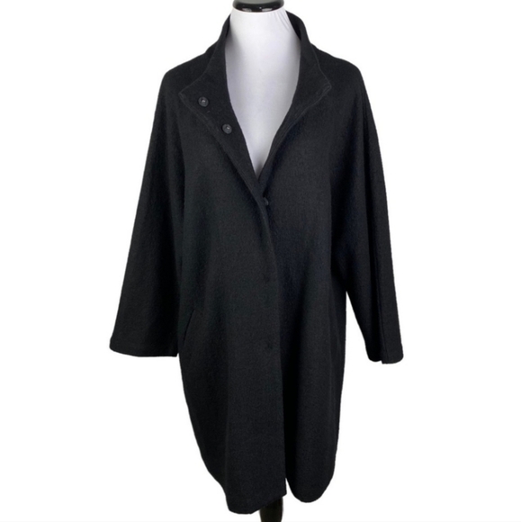 Cynthia Rowley Black Long 100% Wool Swing Coat Jacket Women's 1X Snap Front EUC - Picture 3 of 11